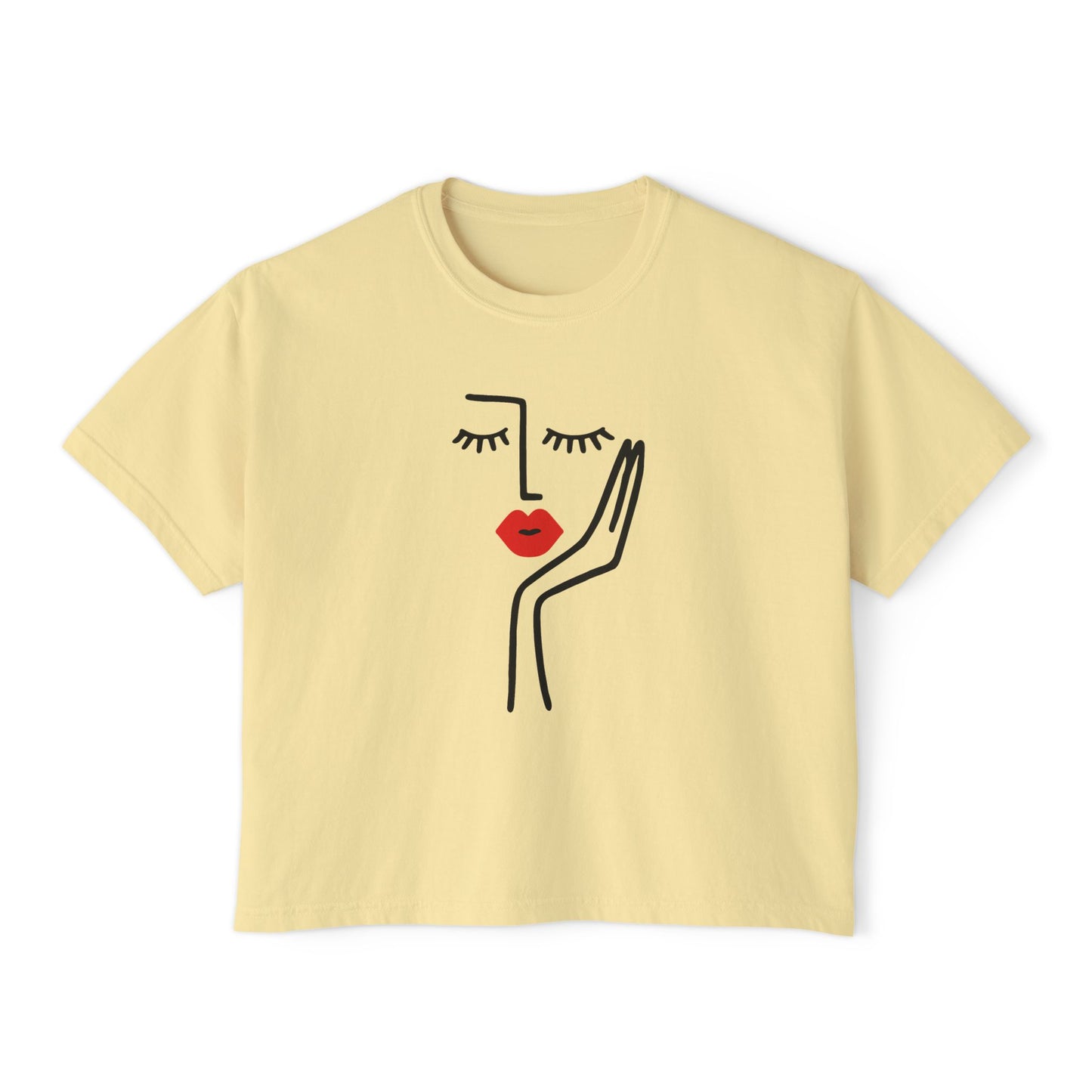 Women's Boxy Tee with Abstract Face Design - Casual Summer Top, Graphic Tee, Artsy Shirt, Gift for Her, Fashion Statement