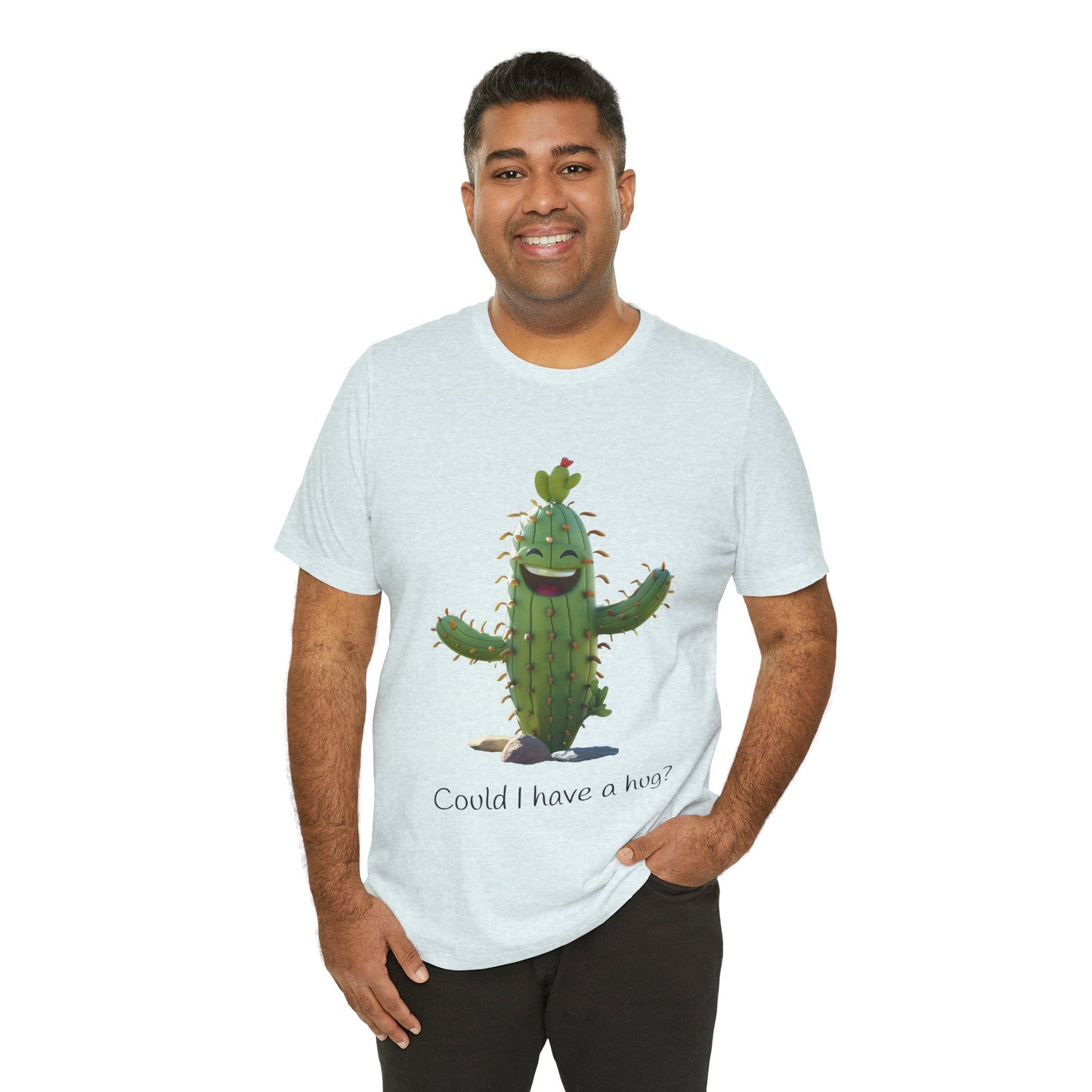 Light Colorful Smiling Cactus Plant T-shirt - 'Could I Have a Hug?' - Lightweight Fabric Tee