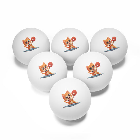 Ping Pong Balls, 6 pcs - Cute Cat Playing Ping Pong Design Balls