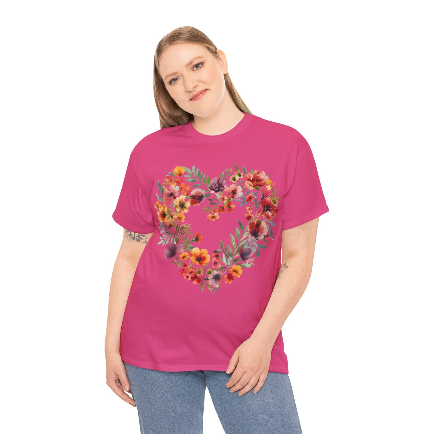 Women's Heavy Cotton Tee - Floral Heart Unisex T-Shirt