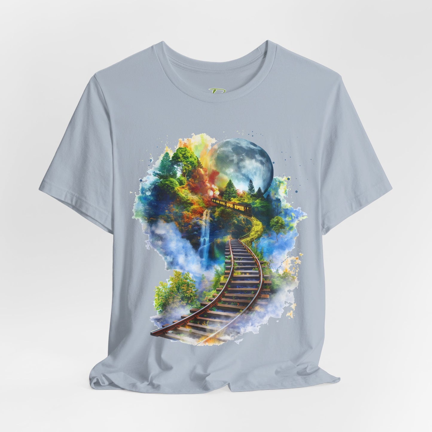 Unisex T-Shirt with 3D Watercolor Train Tracks and Enchanted Forest Design - Lightweight Fabric Tee