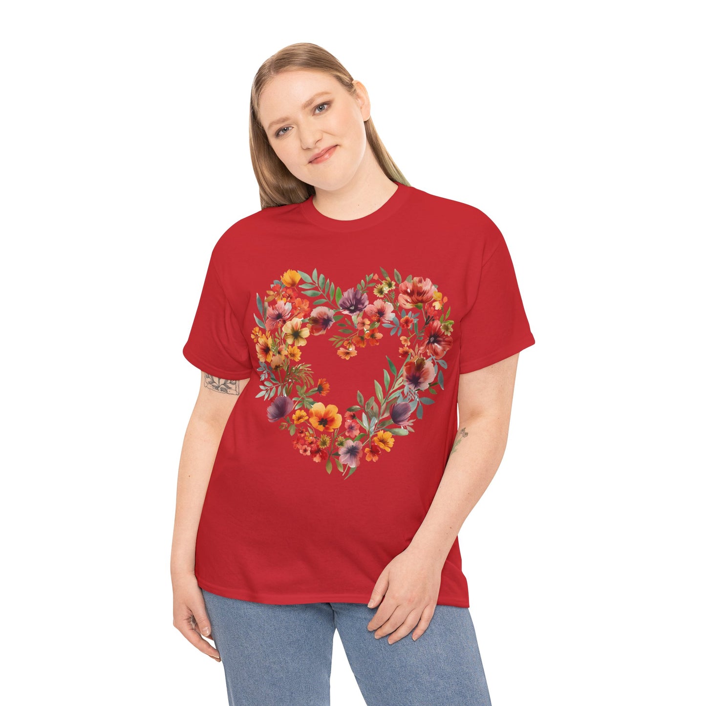Women's Heavy Cotton Tee - Floral Heart Unisex T-Shirt