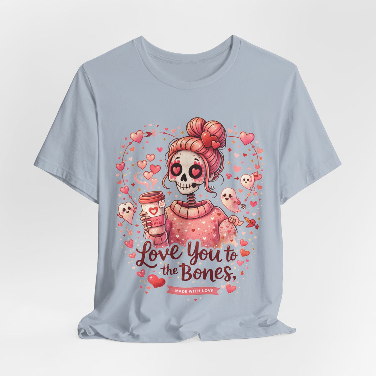 Spooky Valentine quote βLove you to the bonesβ with a pink skull girl, heart eyes, coffee cup, and cute cupid ghosts