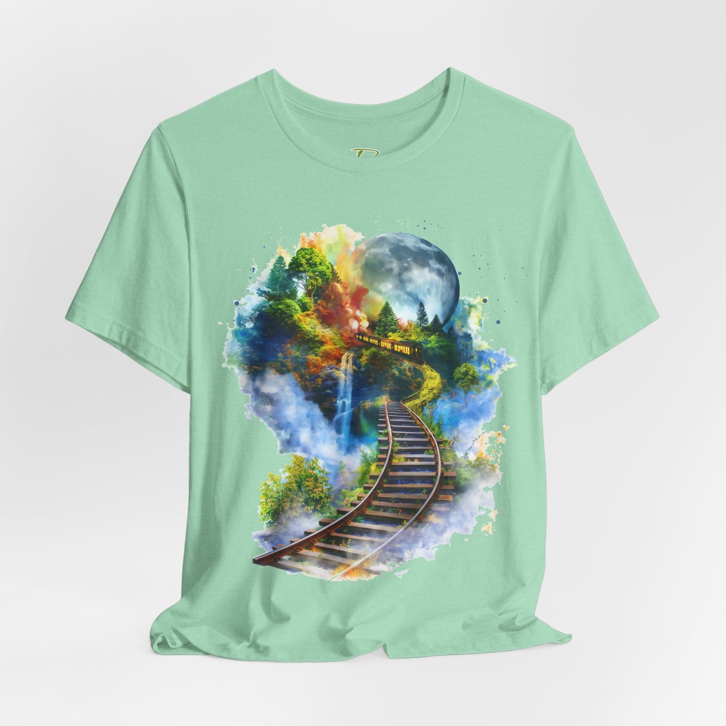 Unisex T-Shirt with 3D Watercolor Train Tracks and Enchanted Forest Design - Lightweight Fabric Tee
