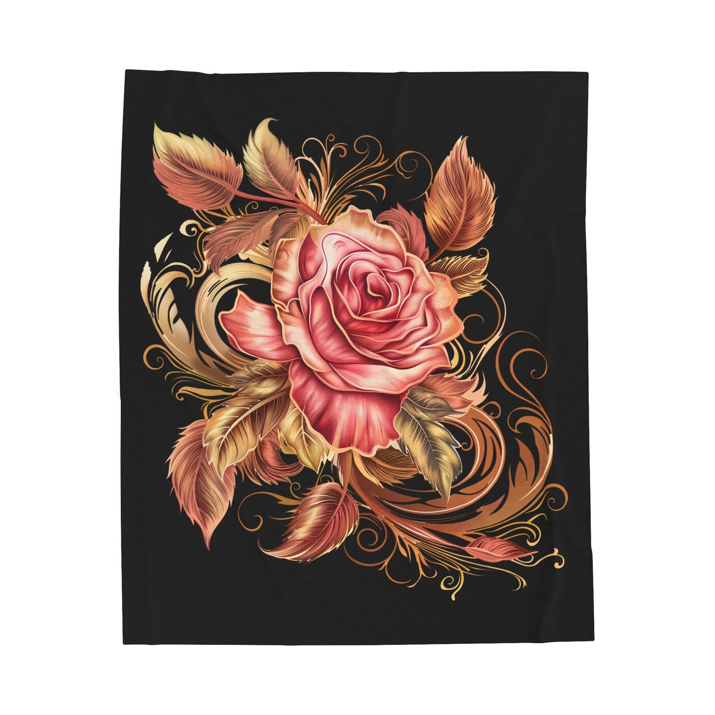 Black Velveteen Plush Blanket with beautiful pink rose surrounded by swirling leaves