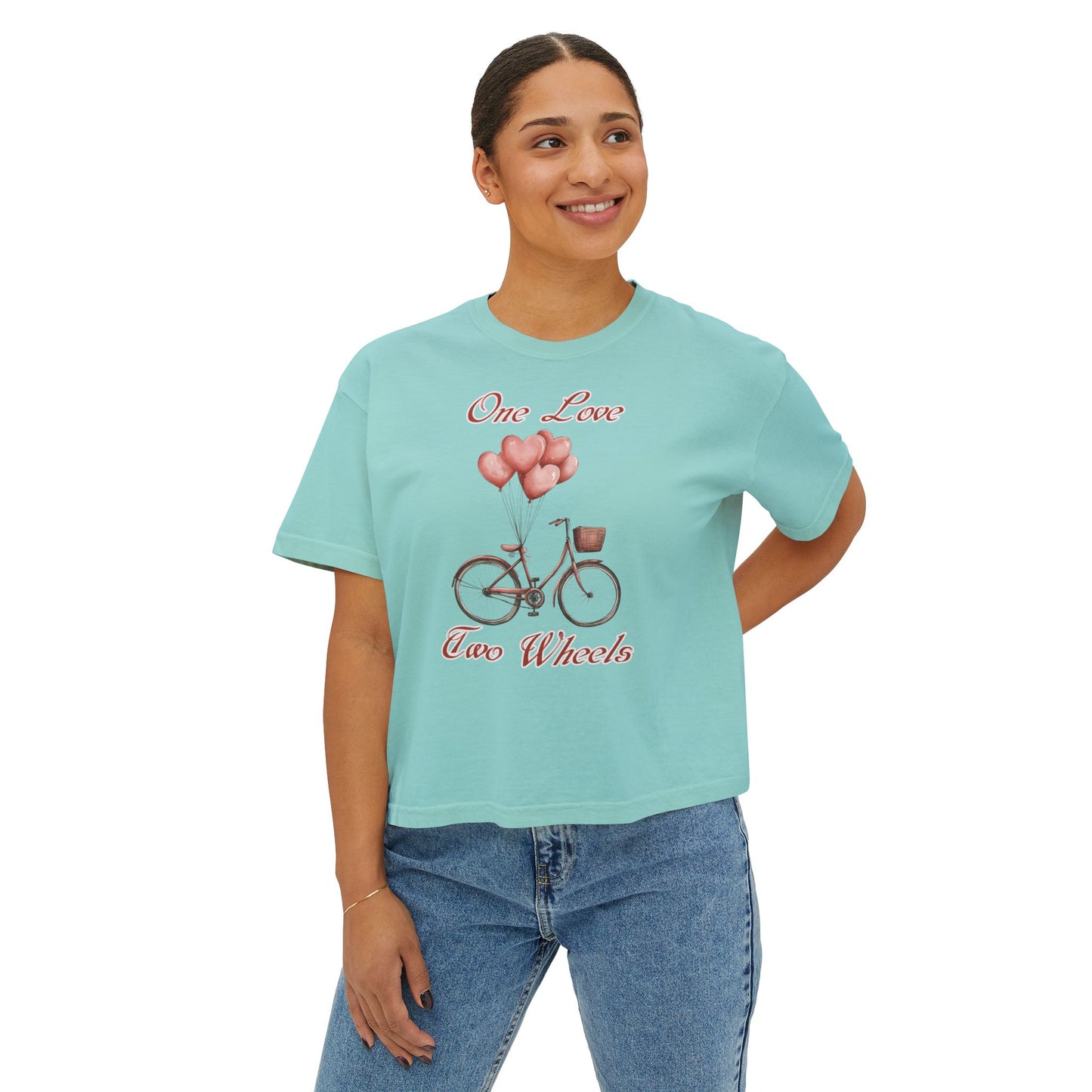 Vintage Bike Boxy Tee - Valentine's Day Women's Boxy Tee with Heart Balloons Graphic