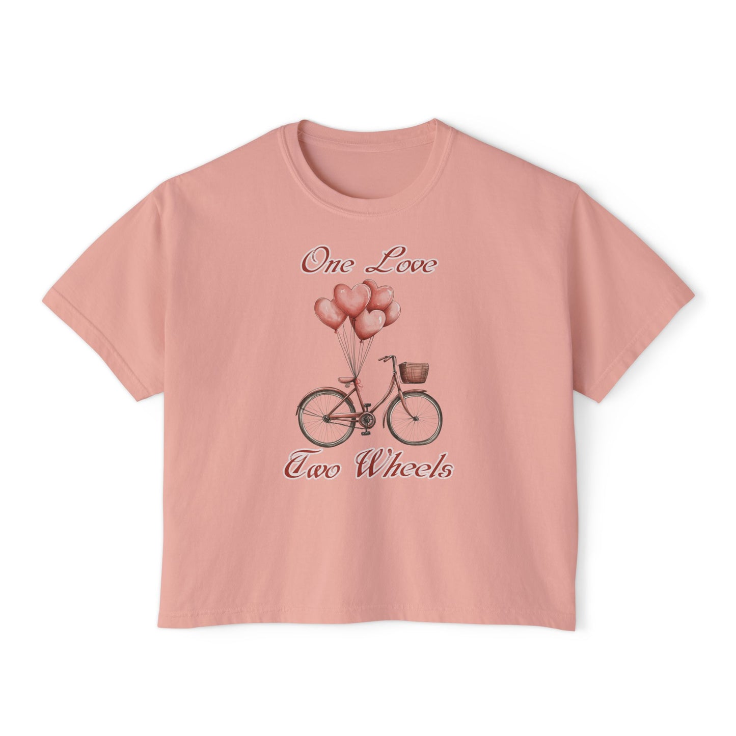 Vintage Bike Boxy Tee - Valentine's Day Women's Boxy Tee with Heart Balloons Graphic