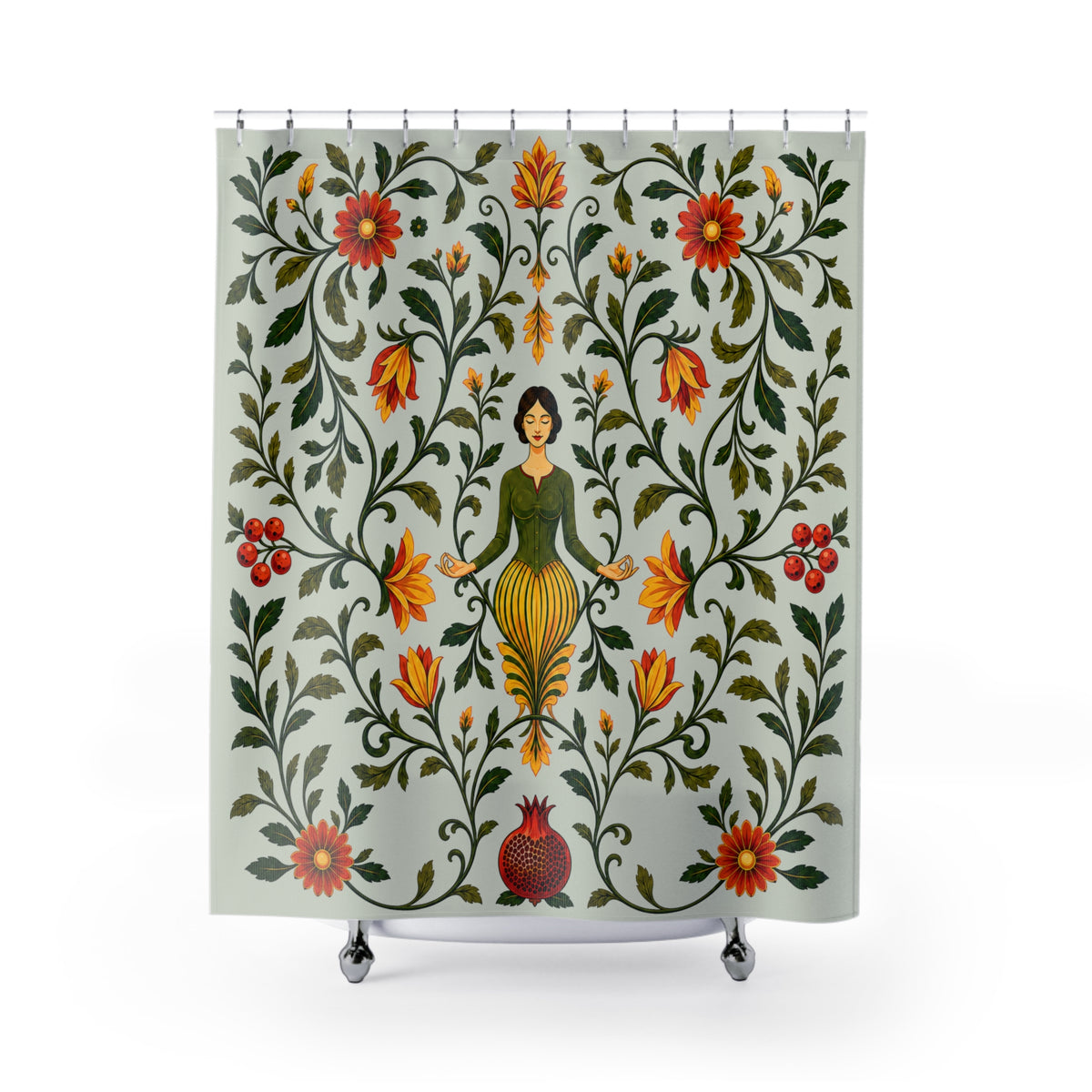 A fabric shower curtain featuring a vintage botanical illustration with a central female figure, surrounded by red flowers, green leaves, and vines on a pale sage background. The curtain is shown hanging from silver rings on a white rod, with small silver feet visible at the bottom.