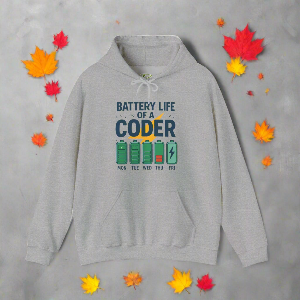 Gray hoodie with 'Battery Life of a Coder' graphic on a white background