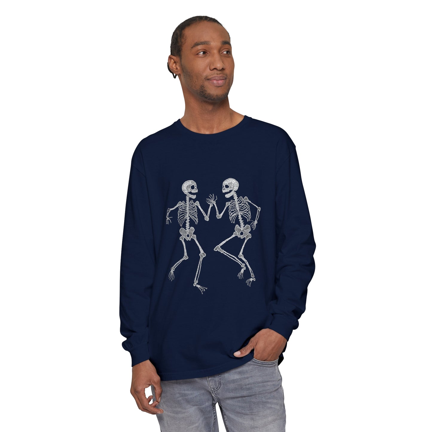 Halloween Tee - Unisex Garment-dyed Long Sleeve T-Shirt with Dancing skeletons