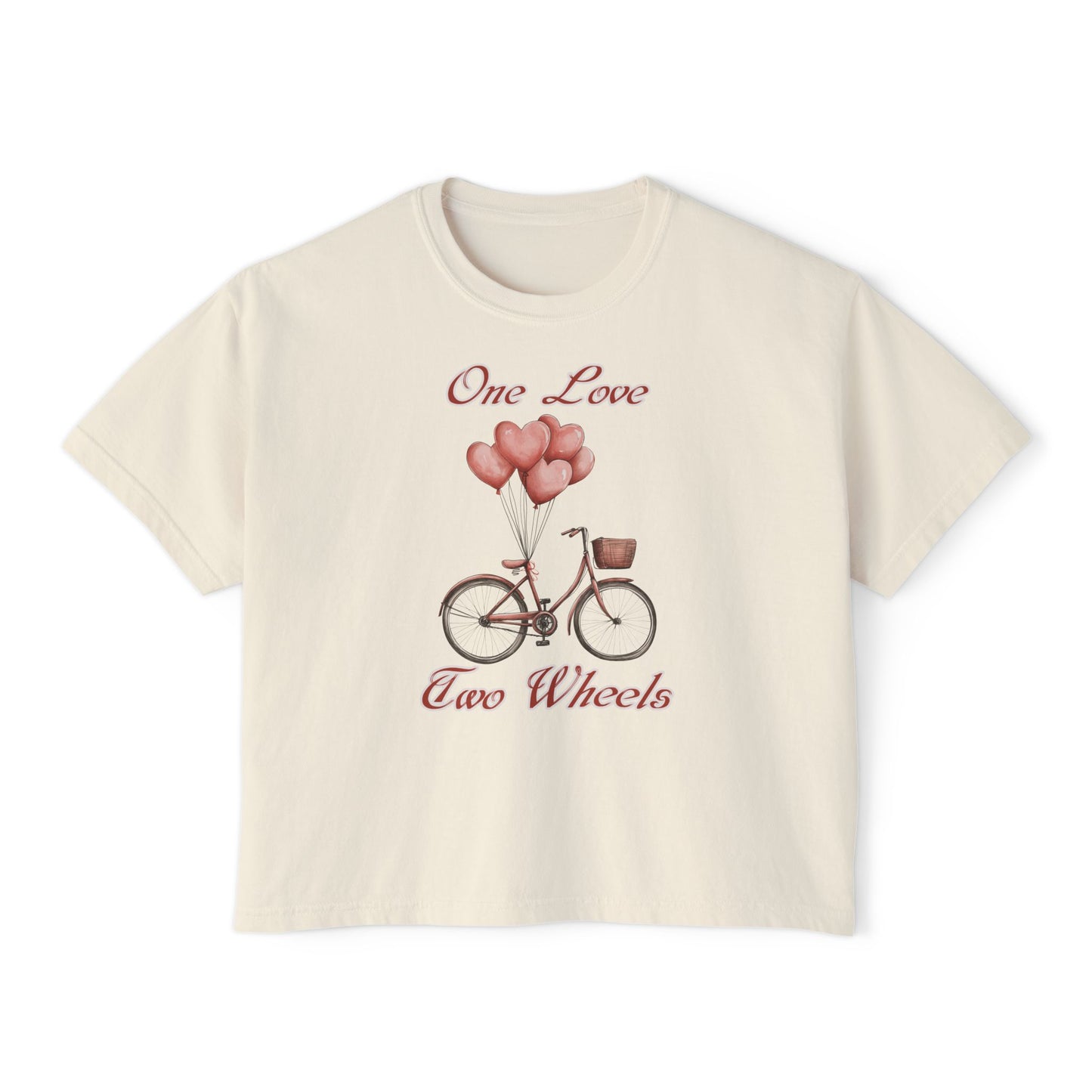Vintage Bike Boxy Tee - Valentine's Day Women's Boxy Tee with Heart Balloons Graphic