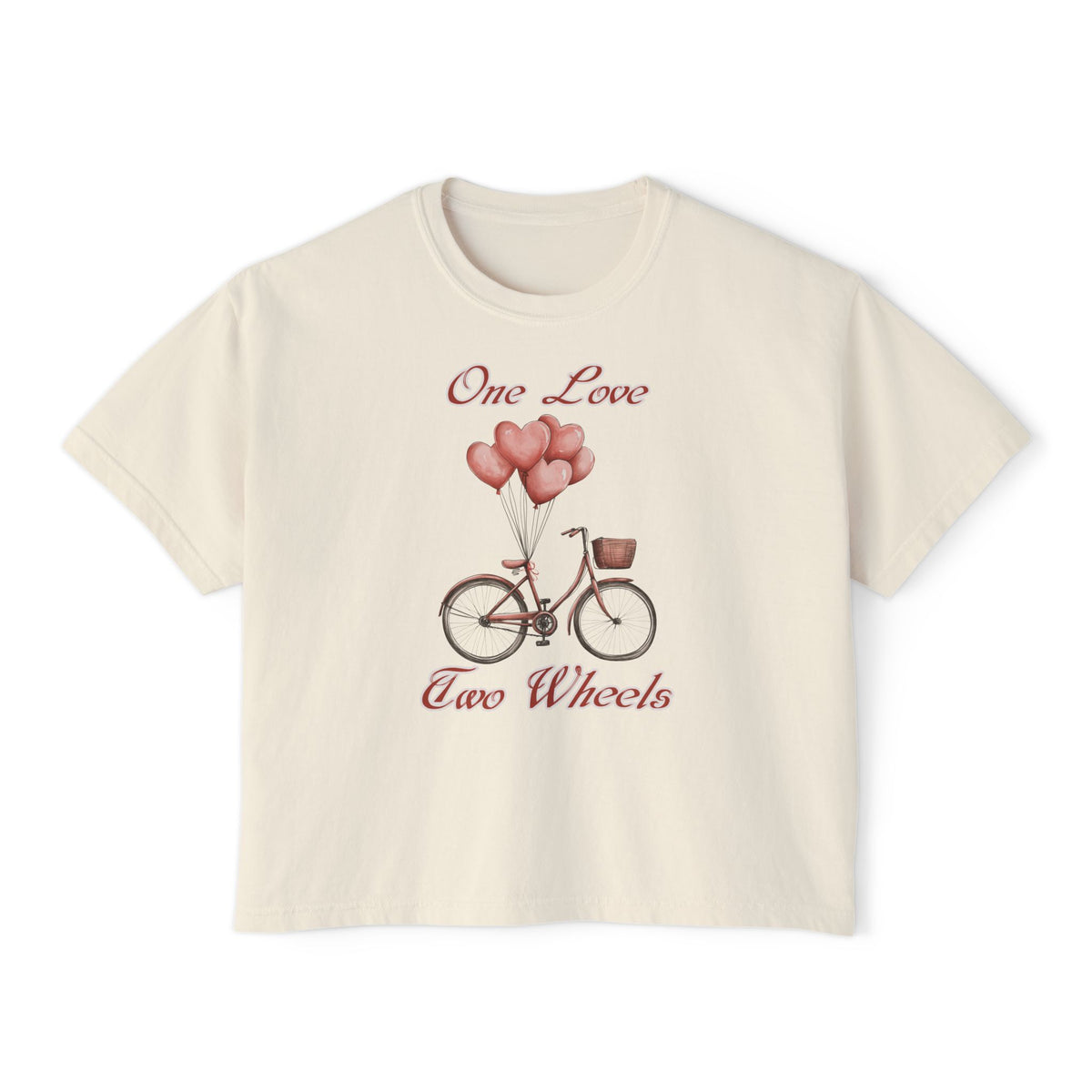 Vintage Bike Boxy Tee - Valentine's Day Women's Boxy Tee with Heart Balloons Graphic