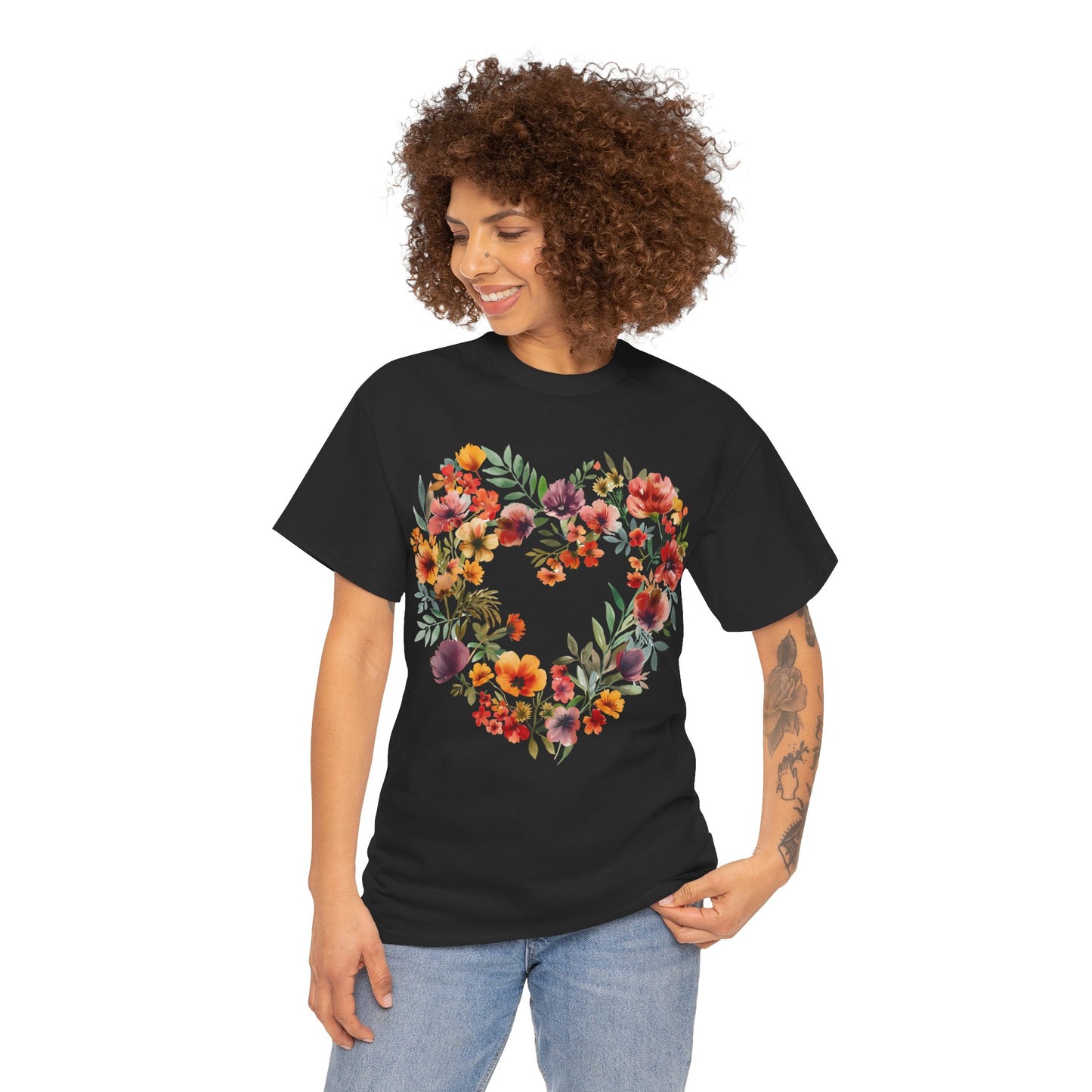 Women's Heavy Cotton Tee - Floral Heart Unisex T-Shirt