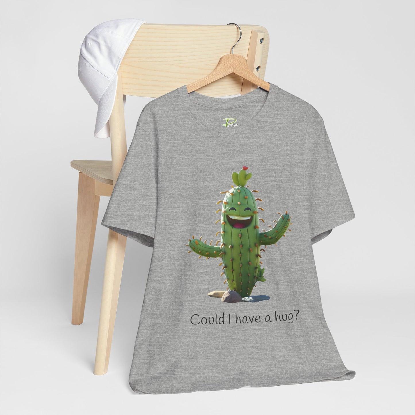 Light Colorful Smiling Cactus Plant T-shirt - 'Could I Have a Hug?' - Lightweight Fabric Tee