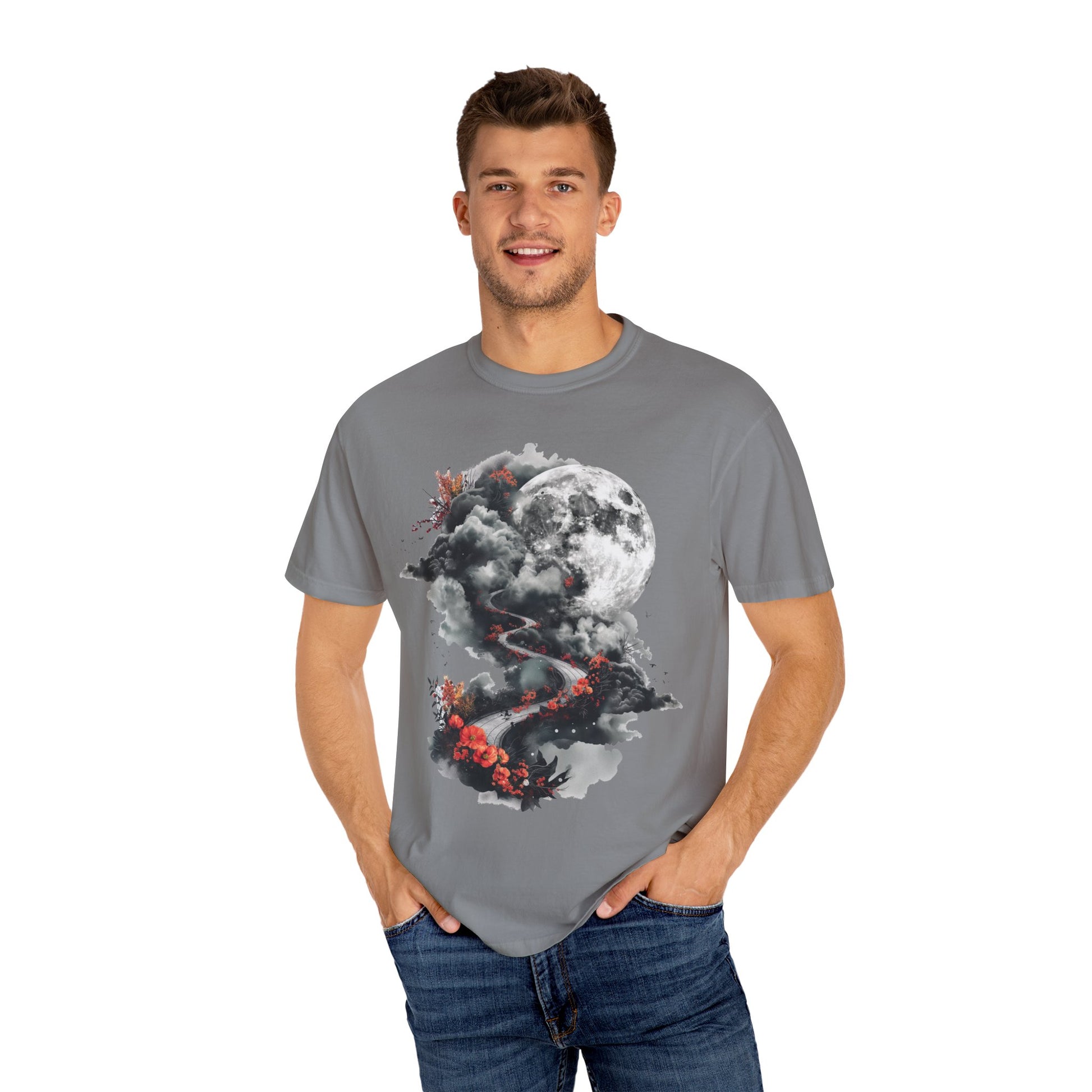 a gray men's t-shirt with a graphic design