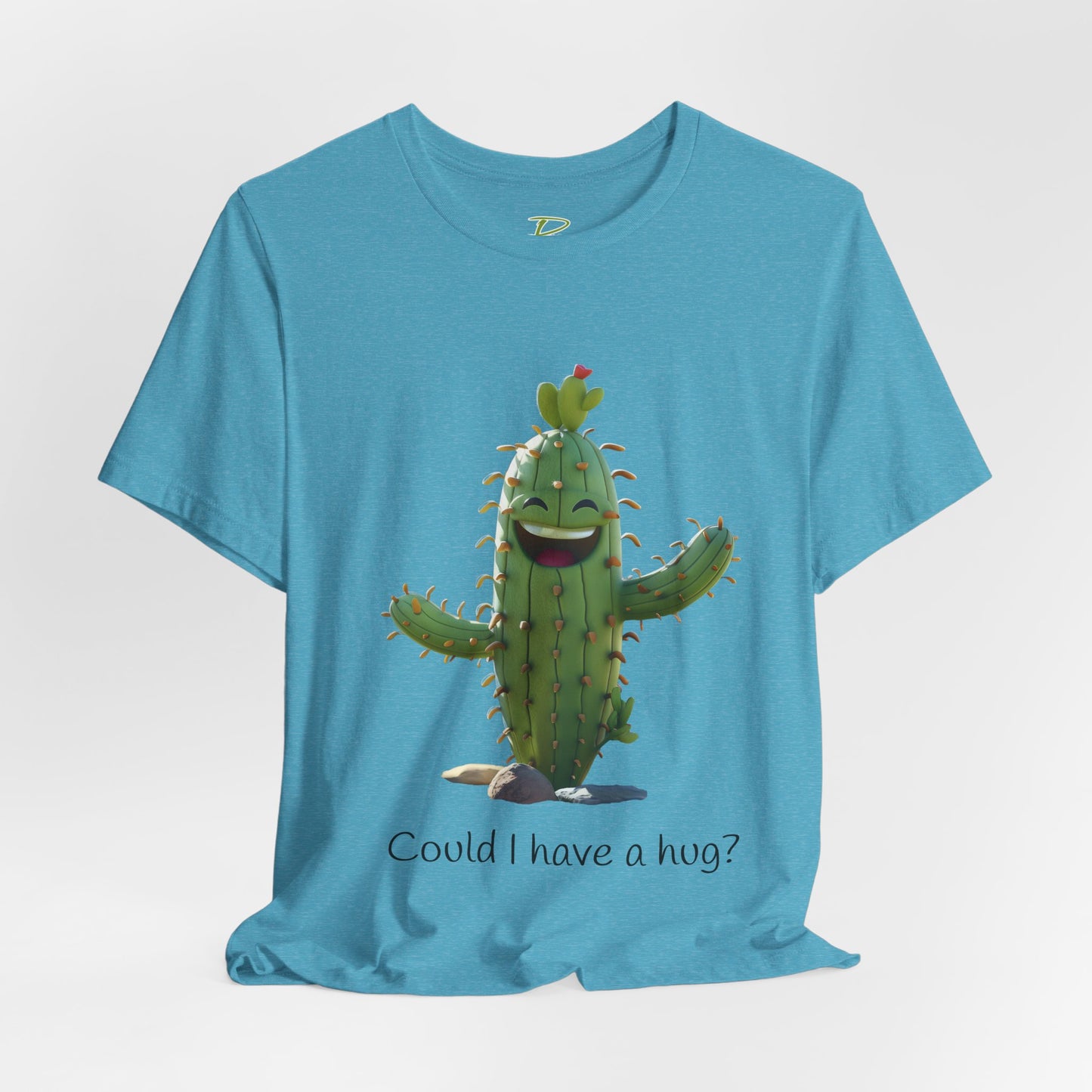 Light Colorful Smiling Cactus Plant T-shirt - 'Could I Have a Hug?' - Lightweight Fabric Tee