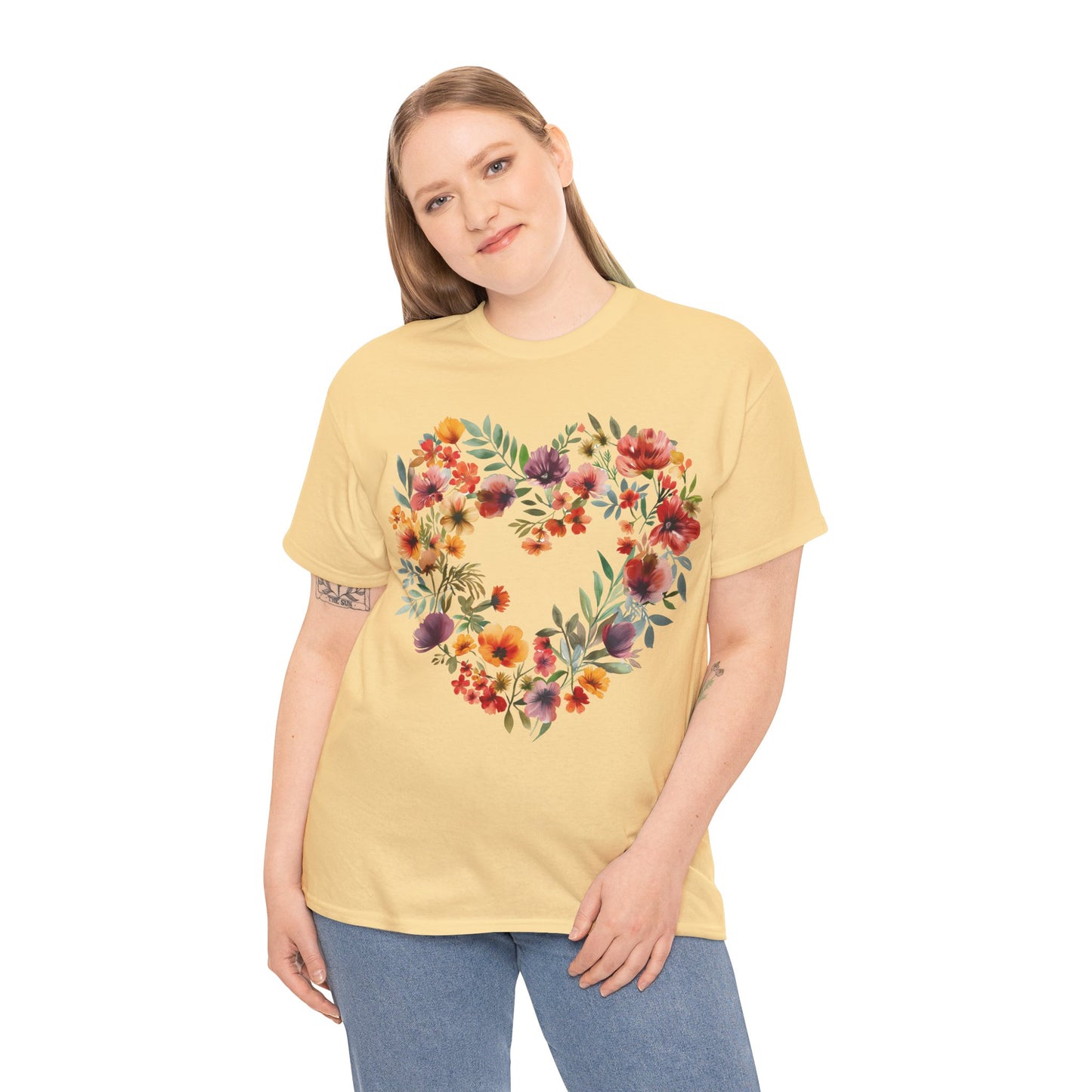 Women's Heavy Cotton Tee - Floral Heart Unisex T-Shirt