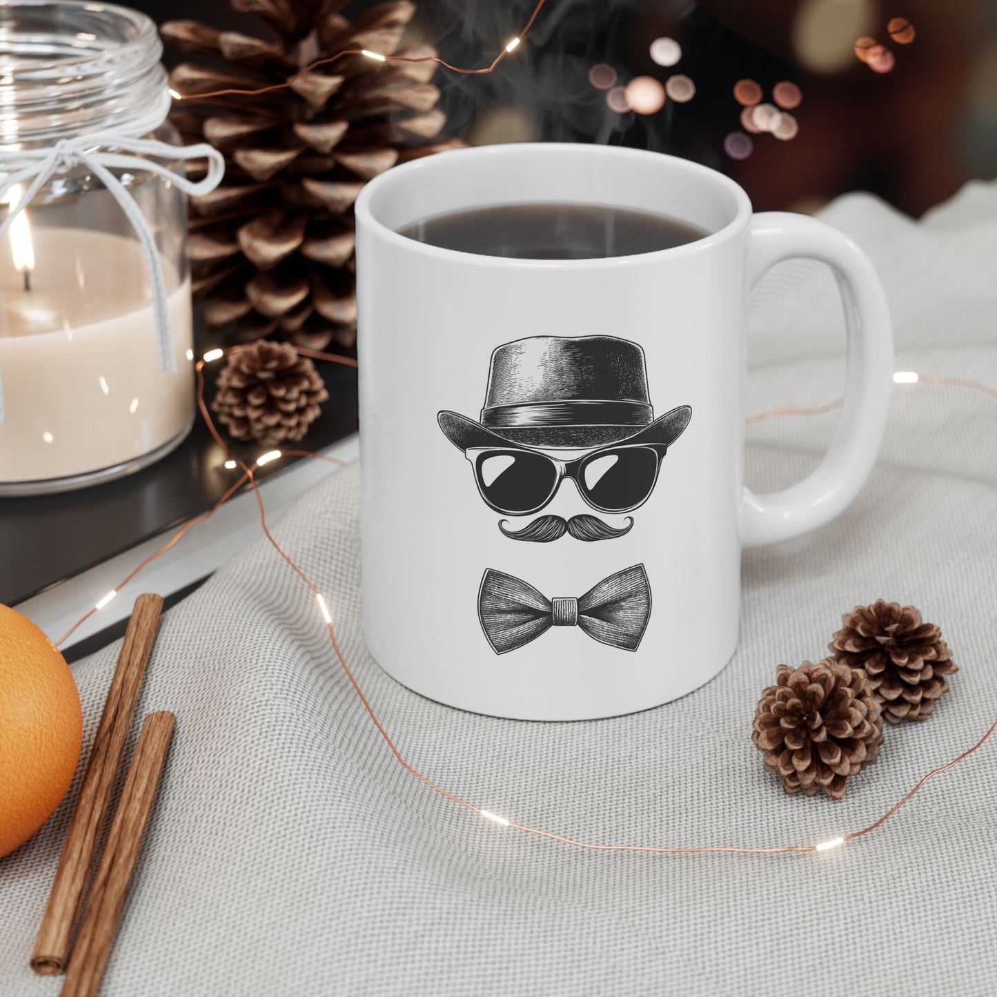 Gentleman Ceramic Mug, (11oz, 15oz) - Ceramic Mug with Black Vector Design - Sunglasses, Mustache & Bow Tie