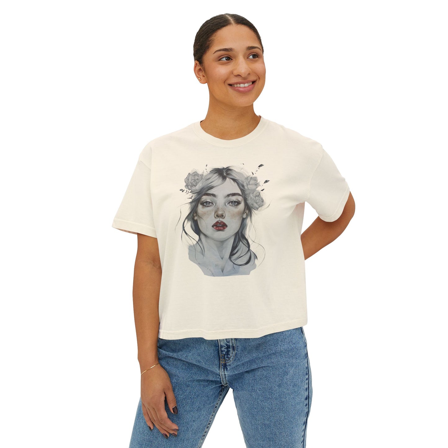 Boho Floral Women's Boxy Tee - Artistic Graphic T-Shirt for Everyday Style