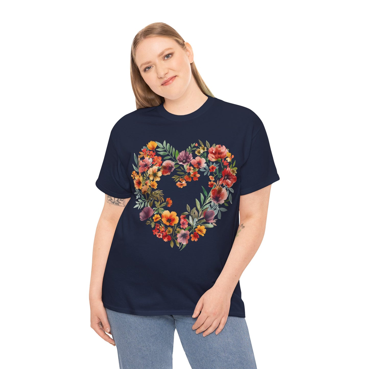 Women's Heavy Cotton Tee - Floral Heart Unisex T-Shirt