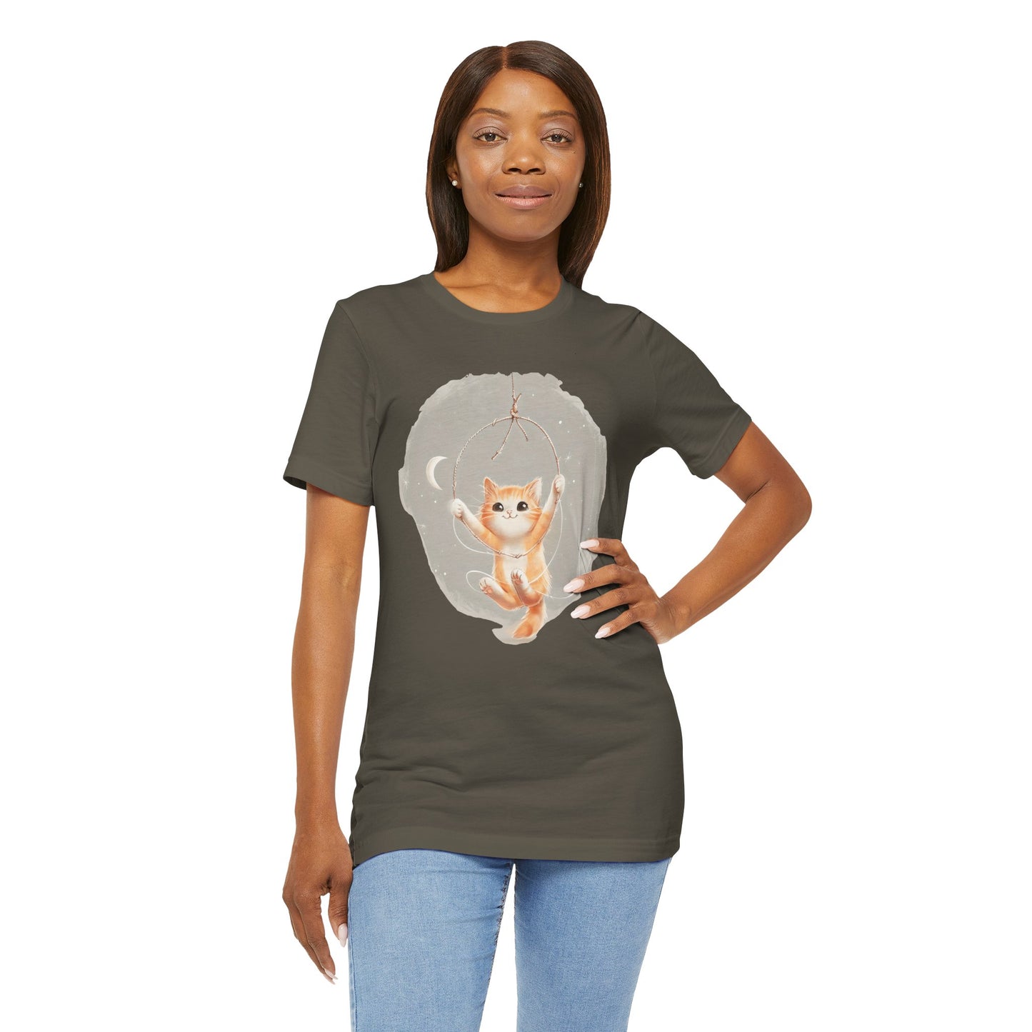 Cute Smiling Cat Cartoon T-shirt - Lightweight Fabric Tee
