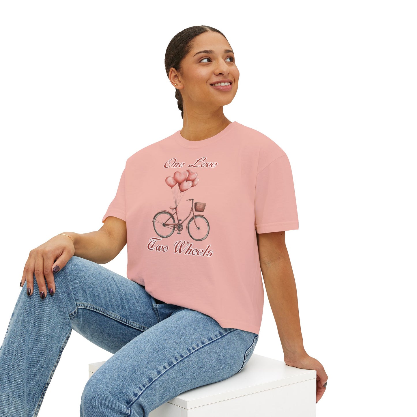Vintage Bike Boxy Tee - Valentine's Day Women's Boxy Tee with Heart Balloons Graphic
