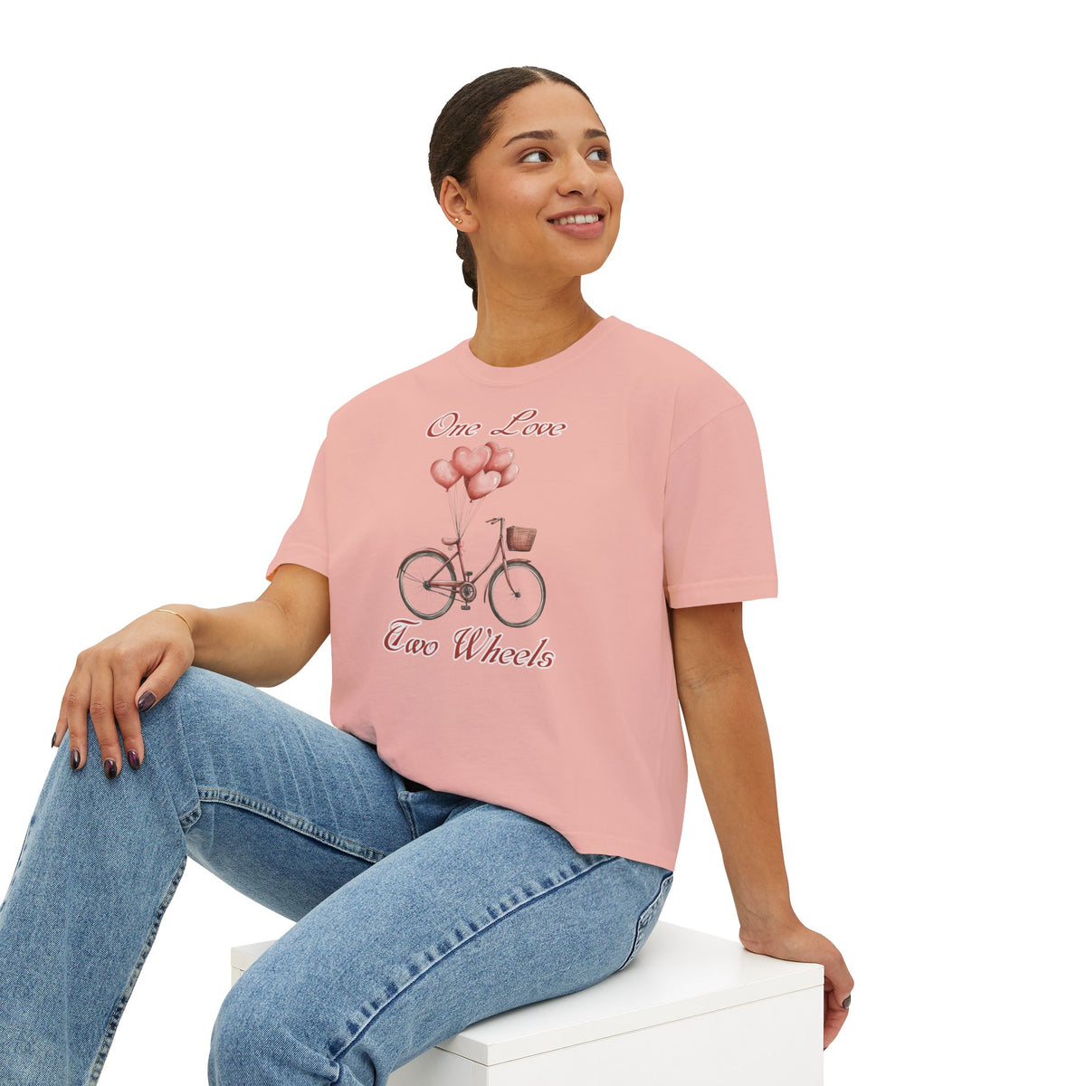 Vintage Bike Boxy Tee - Valentine's Day Women's Boxy Tee with Heart Balloons Graphic