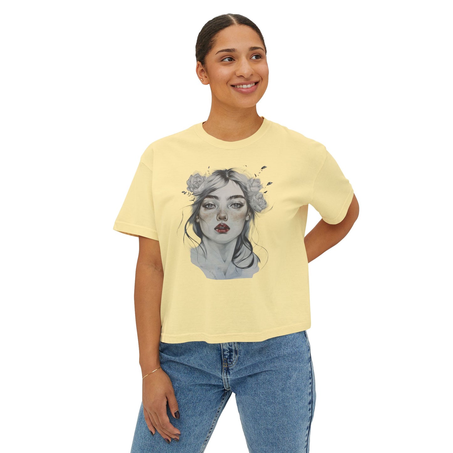 Boho Floral Women's Boxy Tee - Artistic Graphic T-Shirt for Everyday Style
