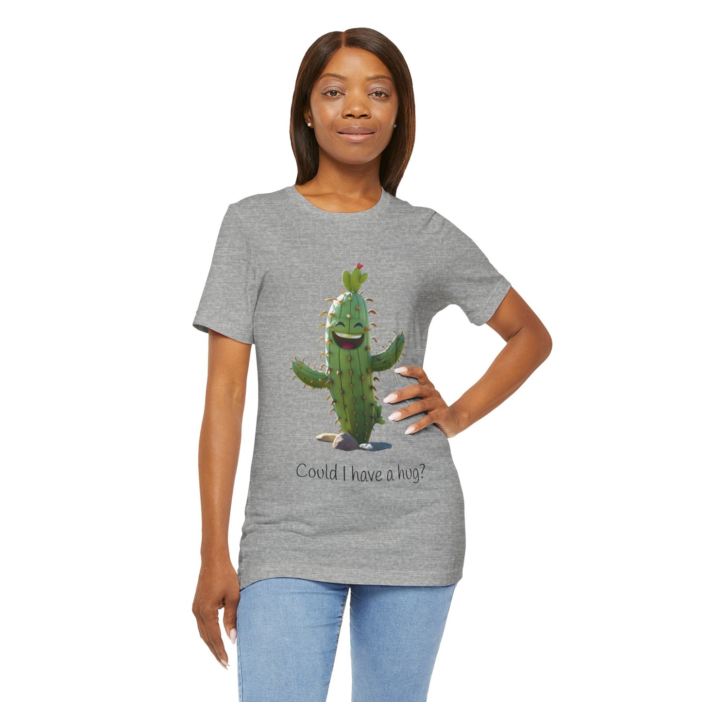 Light Colorful Smiling Cactus Plant T-shirt - 'Could I Have a Hug?' - Lightweight Fabric Tee