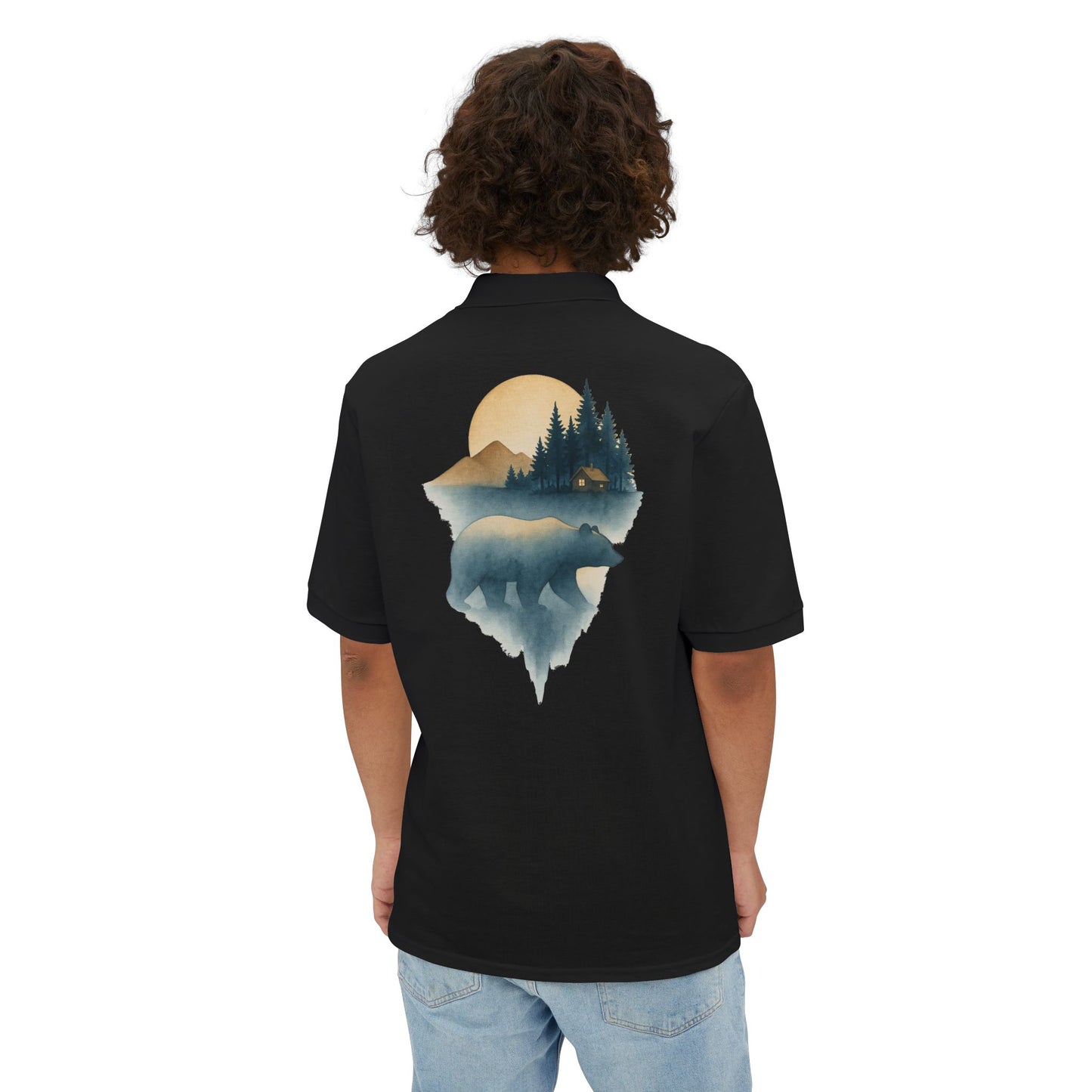 Men's Polo with Bear & Landscape Design - Casual Outdoor Shirt
