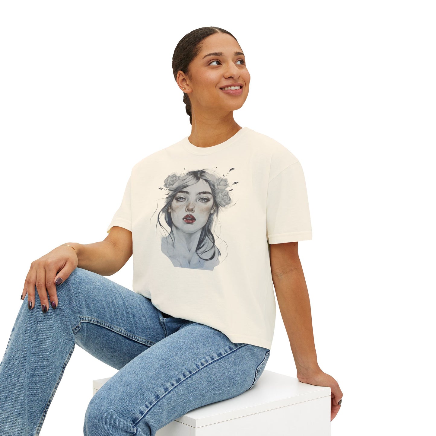 Boho Floral Women's Boxy Tee - Artistic Graphic T-Shirt for Everyday Style