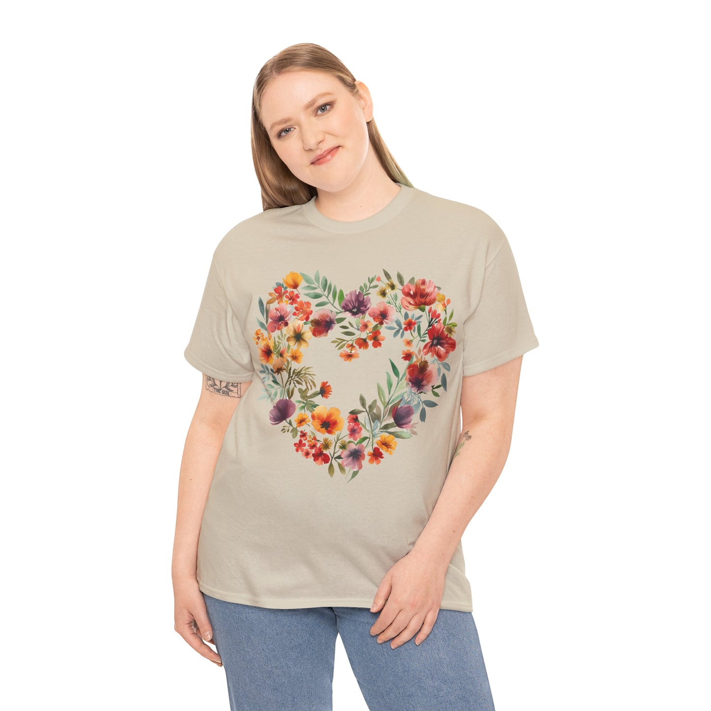 Women's Heavy Cotton Tee - Floral Heart Unisex T-Shirt