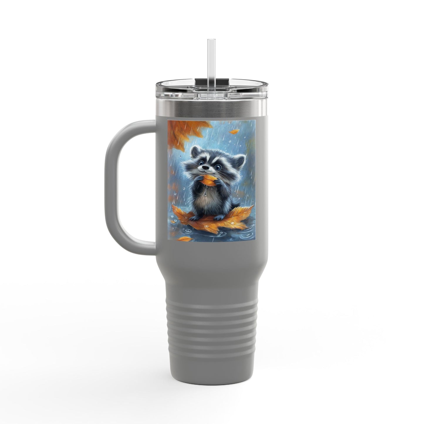 Insulated Travel Mug, 40oz - Rainy Day Raccoon Insulated Mug - Vibrant 3D Watercolor Raccoon Design Travel Mug