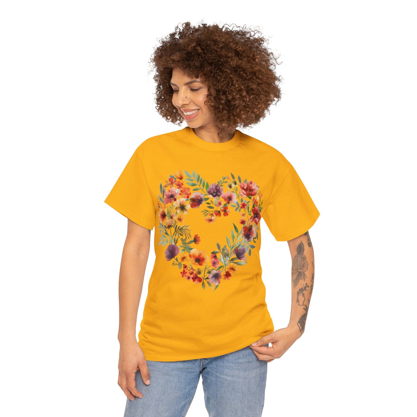 Women's Heavy Cotton Tee - Floral Heart Unisex T-Shirt