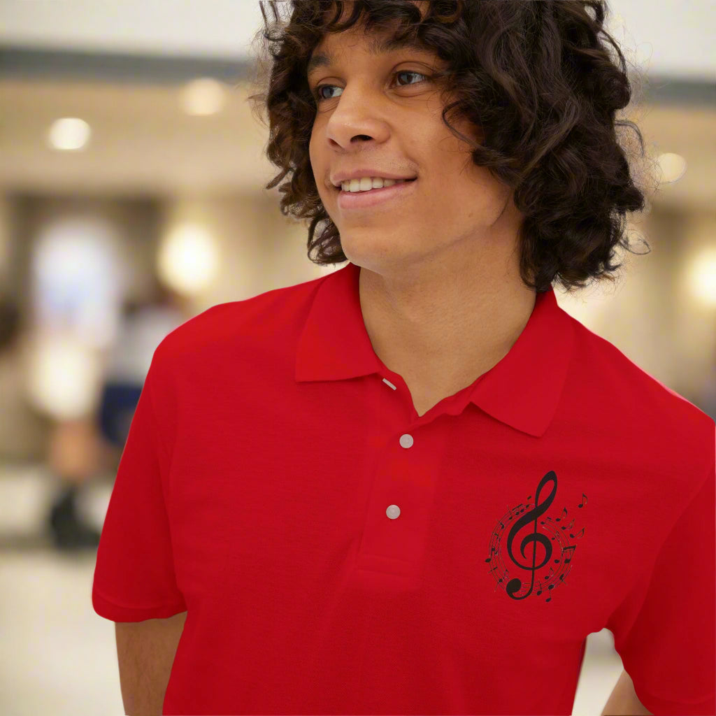 Person wearing a red polo shirt with a black music note design