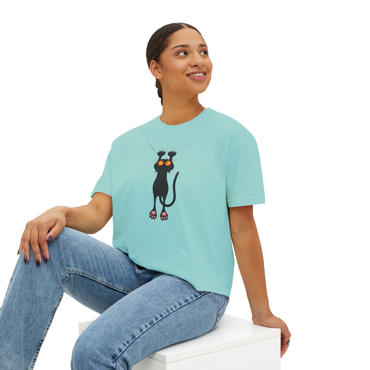 Cute Cat Graphic Women's Boxy Tee, Casual Tee for Cat Lovers, Birthday Gift, Soft Cotton Top, Fun Everyday Wear