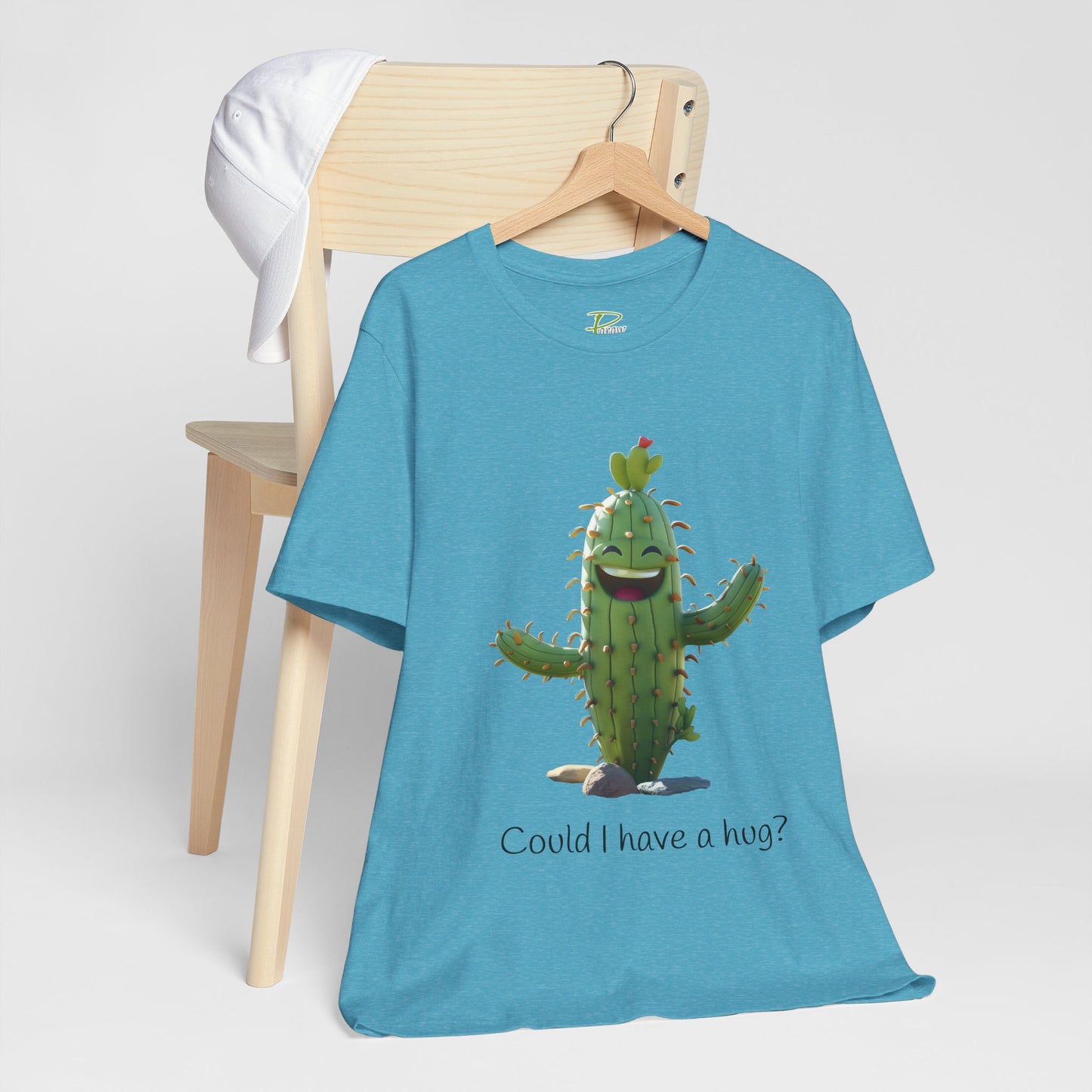 Light Colorful Smiling Cactus Plant T-shirt - 'Could I Have a Hug?' - Lightweight Fabric Tee