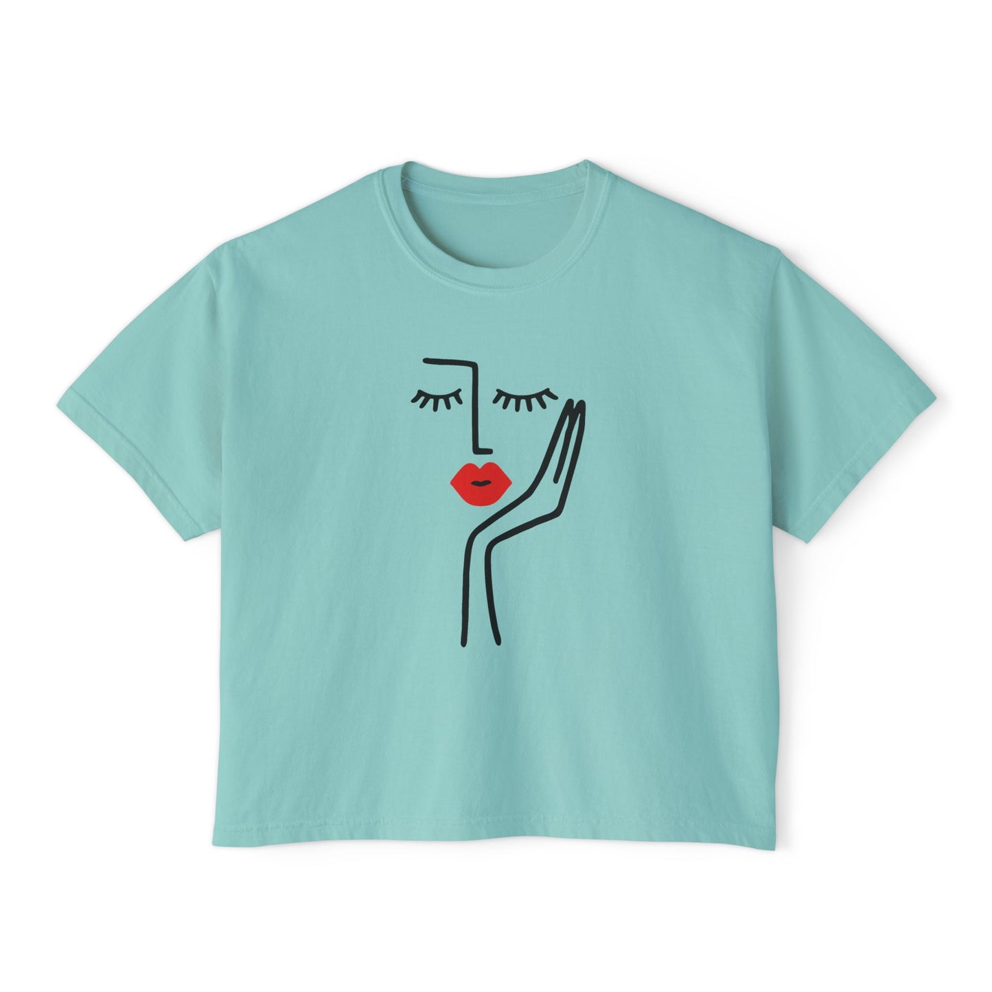 Women's Boxy Tee with Abstract Face Design - Casual Summer Top, Graphic Tee, Artsy Shirt, Gift for Her, Fashion Statement