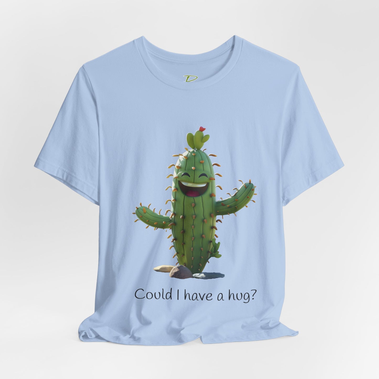 Light Colorful Smiling Cactus Plant T-shirt - 'Could I Have a Hug?' - Lightweight Fabric Tee