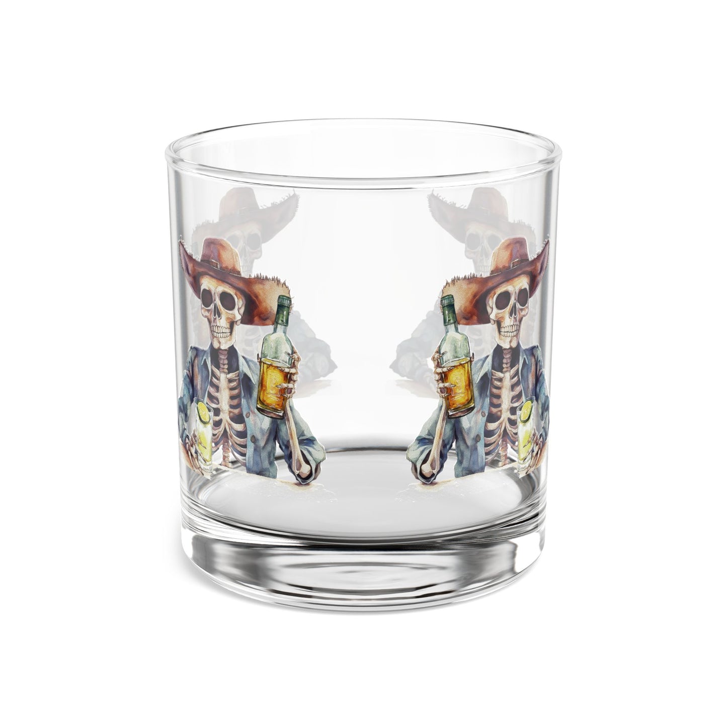 Clear glass tumbler with skeleton design holding bottles