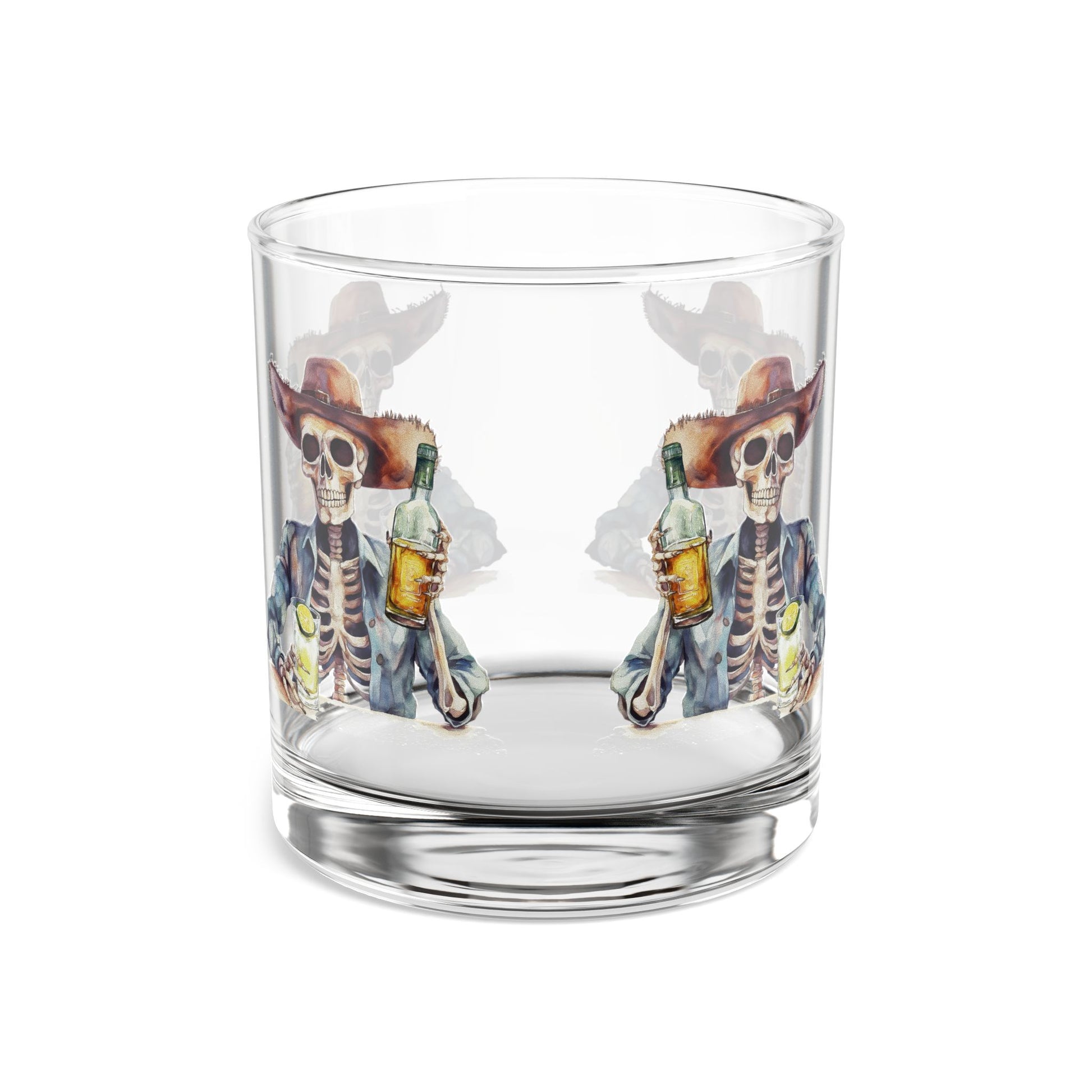 Clear glass tumbler with skeleton design holding bottles