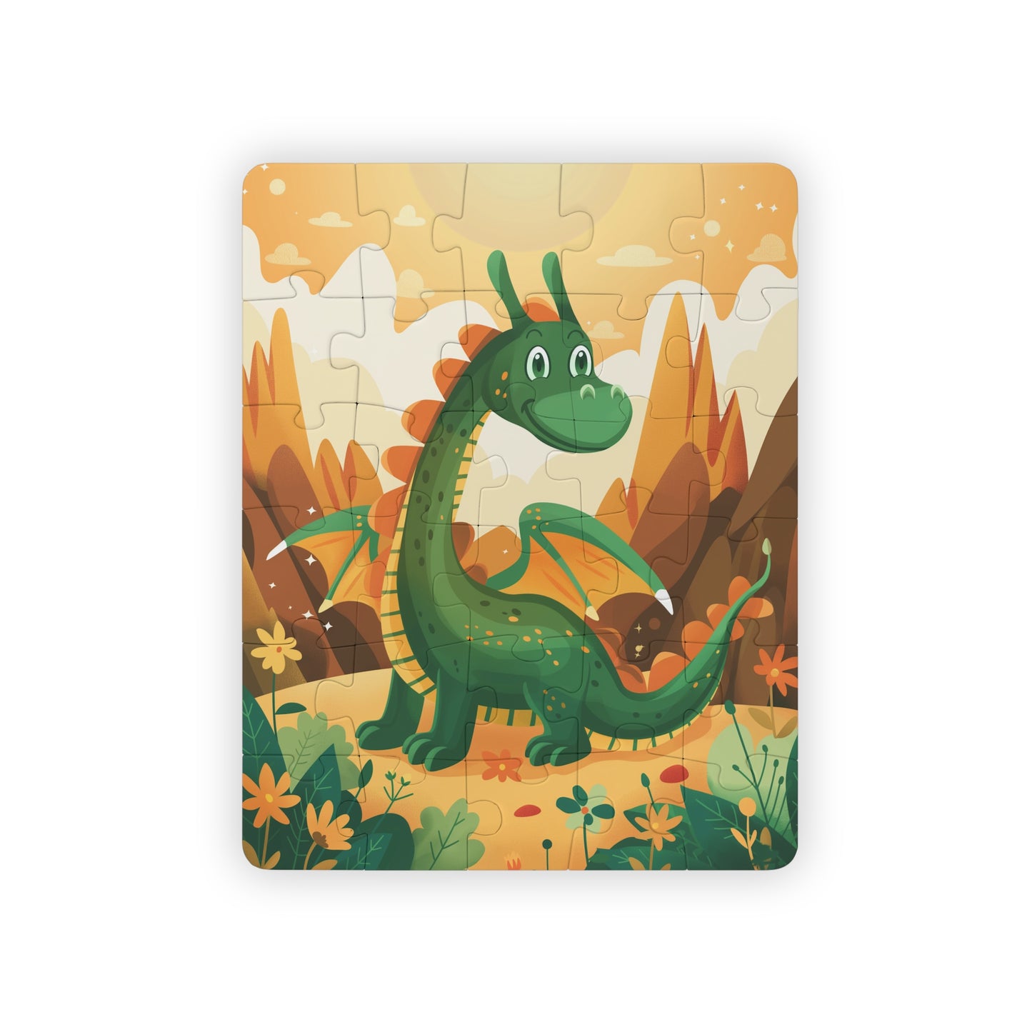 Kids' Puzzle, 30-Piece - Glowing Green Dragon and Golden Mountains Landscape Design