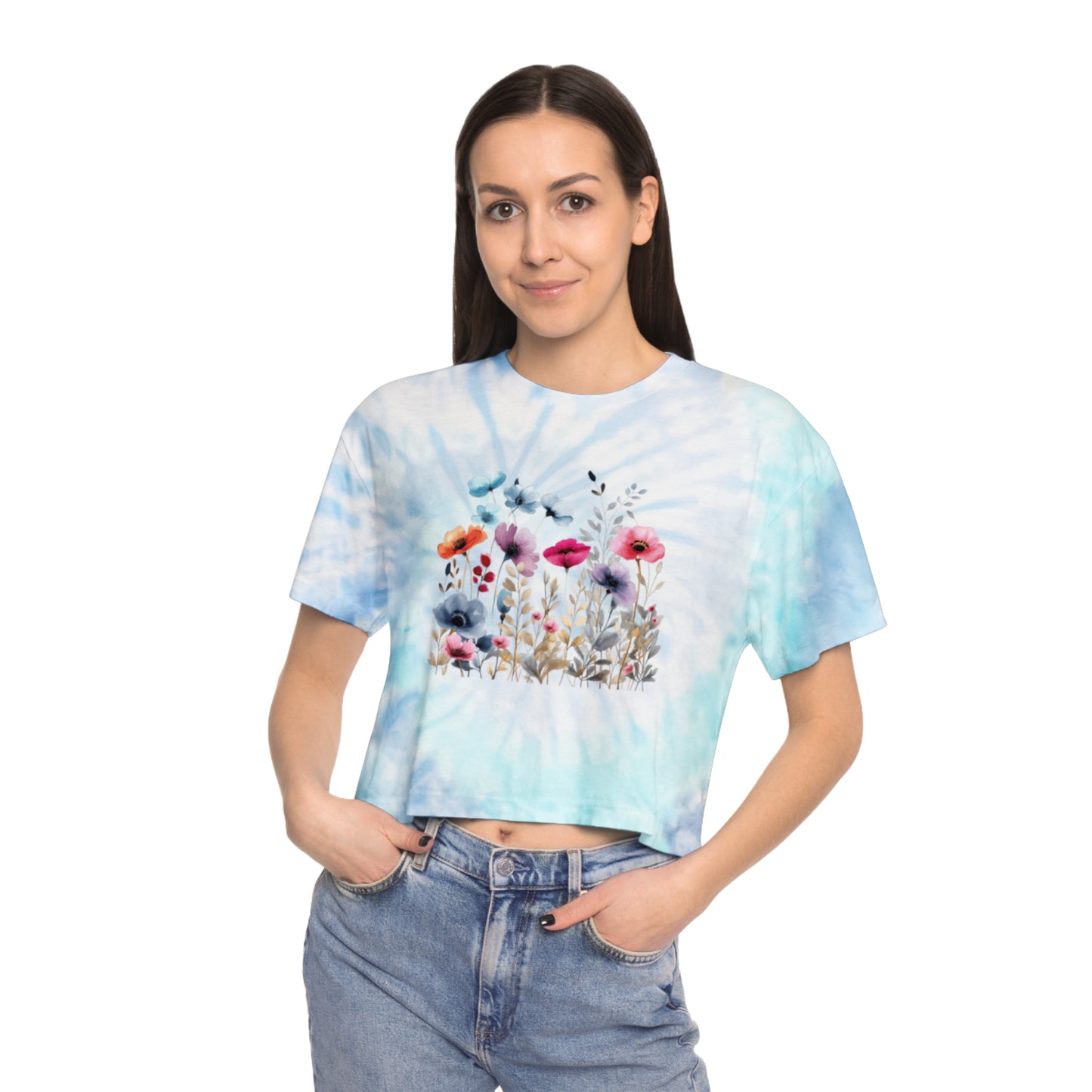 Beautiful Watercolor Floral Tie-Dye Crop Tee - T-Shirt for Women