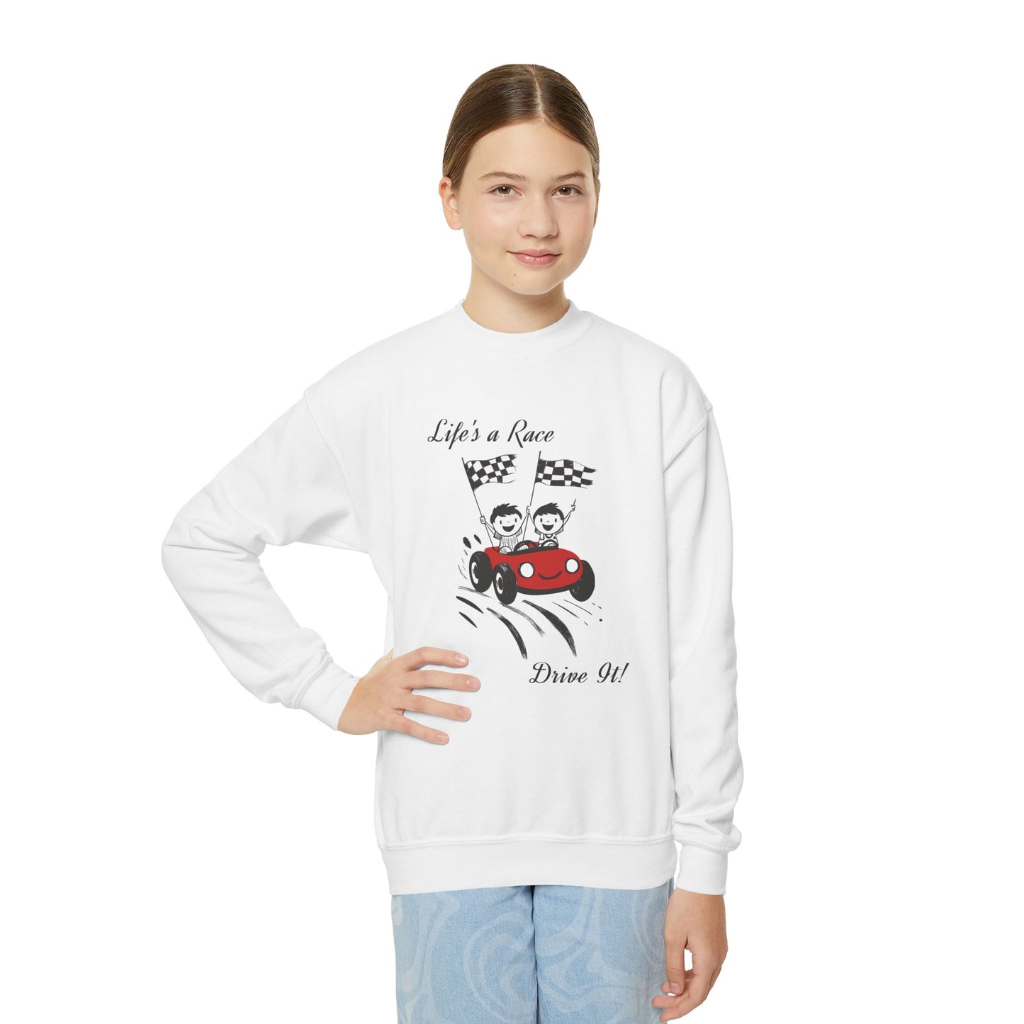 Youth Crewneck Sweatshirt - Race car-themed Design Sweatshirt