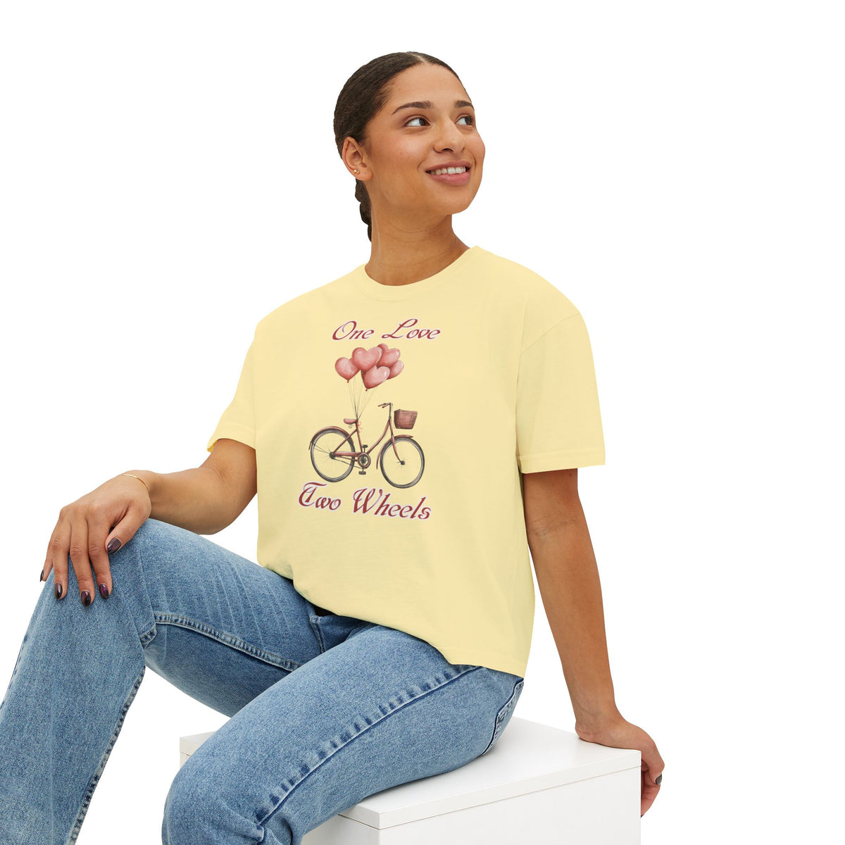 Vintage Bike Boxy Tee - Valentine's Day Women's Boxy Tee with Heart Balloons Graphic