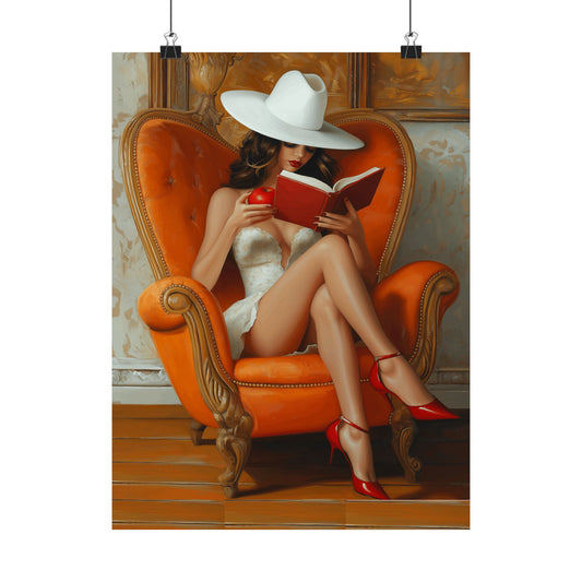 Matte Vertical Poster - Elegant Woman Reading Book and Holding Red Apple on Luxurious Sofa Design Poster