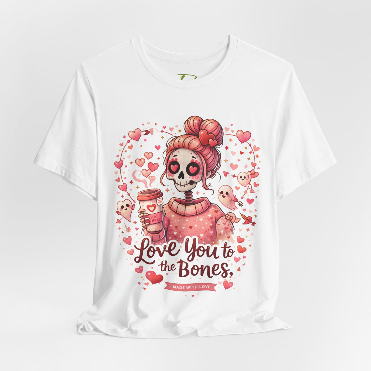 Spooky cute Valentine design with a pink skull girl, heart eyes, coffee cup, and cupid ghosts, text reads βLove you to the bonesβ