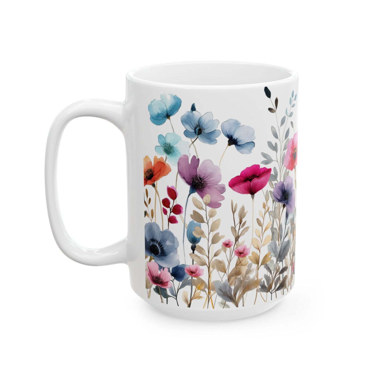 Ceramic Mug with beautiful watercolor flowers, (11oz, 15oz)