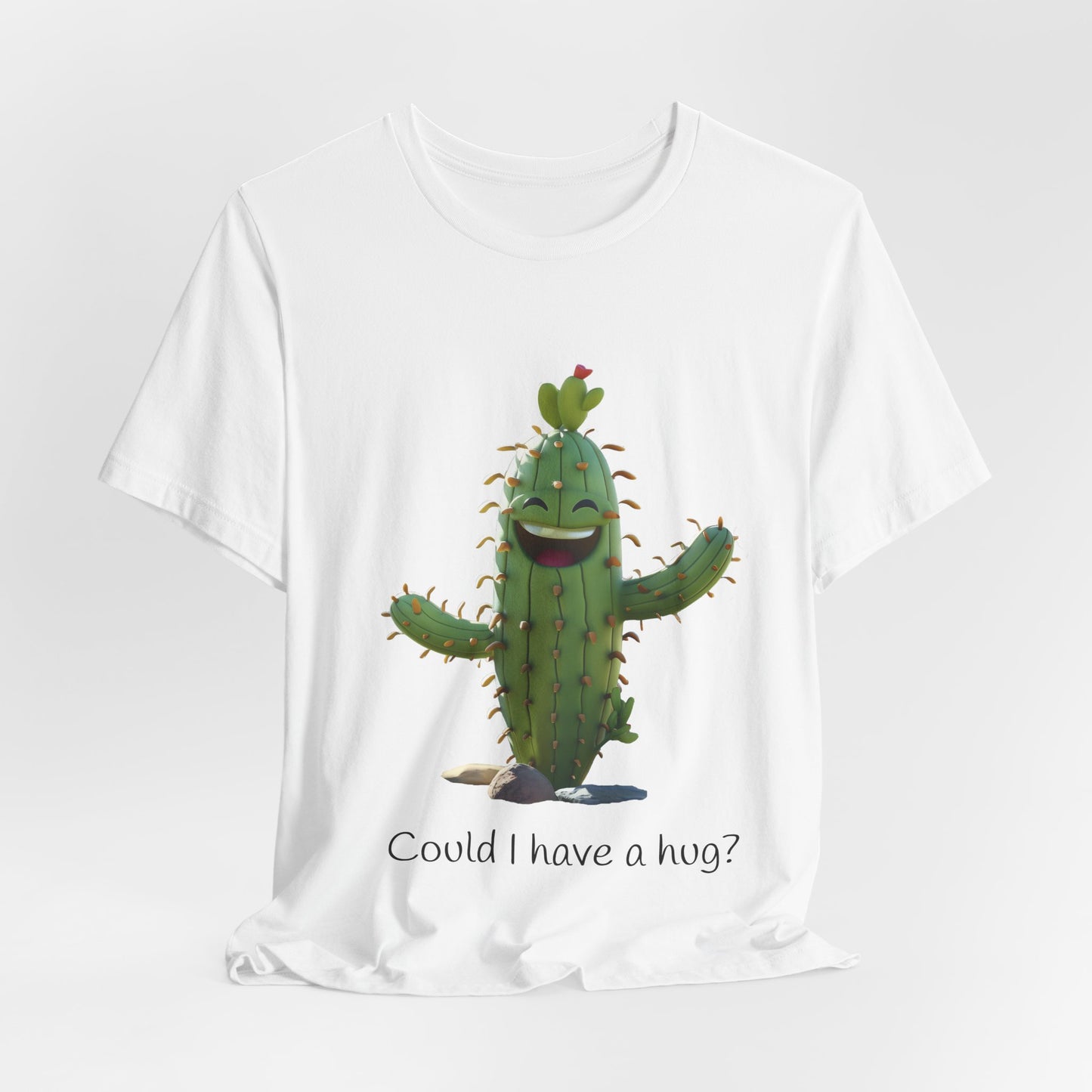 Light Colorful Smiling Cactus Plant T-shirt - 'Could I Have a Hug?' - Lightweight Fabric Tee