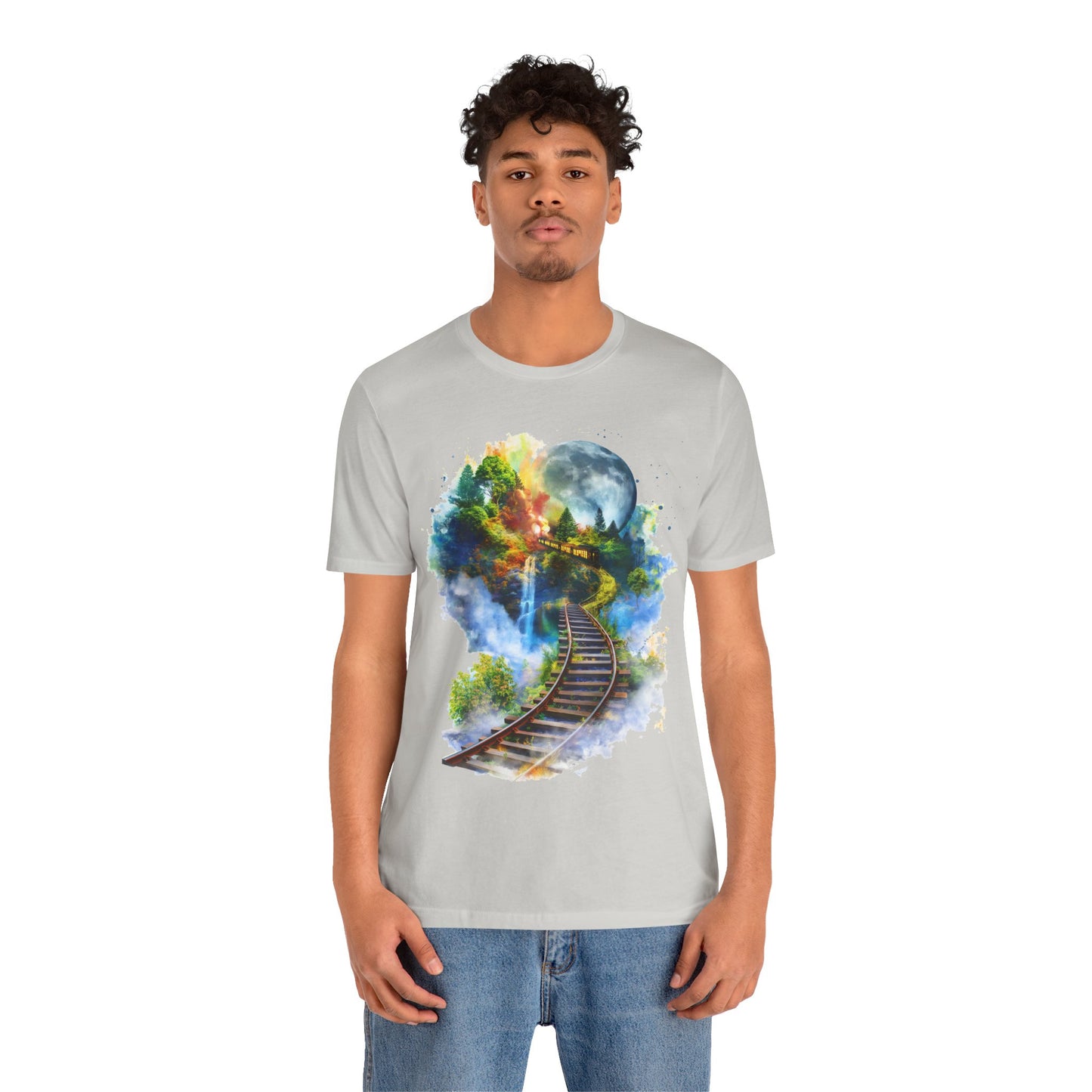 Unisex T-Shirt with 3D Watercolor Train Tracks and Enchanted Forest Design - Lightweight Fabric Tee